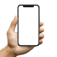 Hand holding modern smartphone with blank white screen, isolated on transparency background. image focuses on phone sleek design and hand grip, emphasizing technology and connectivity png