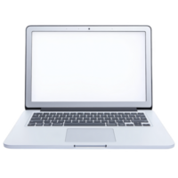 Sleek silver laptop with blank white screen, featuring black keyboard and touchpad, isolated on transparency background. Ideal for technology and business concepts png