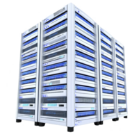 Large, modern server rack with multiple units is shown, featuring blue LED lights and sleek design, representing advanced data storage and computing technology png