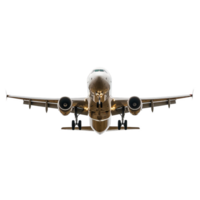 Commercial airplane with sleek design is captured head on, showcasing its aerodynamic structure and powerful engines. image highlights aircraft modern engineering and impressive scale png