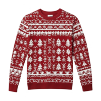 Red and white Christmas sweater with festive tree and snowflake patterns, perfect for holiday celebrations and cozy winter wear. knit design adds warmth and charm png