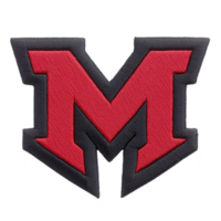 Bold red and black embroidered letter M patch with sharp, angular design, often used for varsity jackets or team uniforms. patch conveys sense of strength and team spirit png