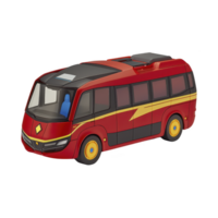 Red toy bus with yellow accents and sleek design, featuring blue driver seat and tinted windows, is shown. bus has modern appearance with lightning bolt graphic on side png