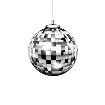 brillante disco pelota con a cuadros modelo cuelga desde techo, reflejando ligero en varios direcciones. esférico diseño agrega retro y festivo atmósfera a ninguna espacio png