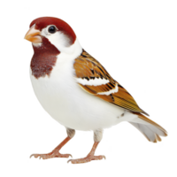 Vibrant sparrow with rich brown head, white underparts, and intricate feather patterns stands alertly. Its small size and sharp gaze capture essence of this common yet charming bird png