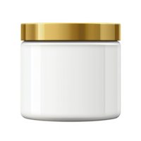White cosmetic jar with shiny gold lid, perfect for storing creams or lotions, is displayed against plain background. elegant design suggests luxury and simplicity png
