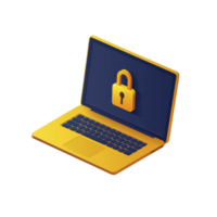 Yellow and blue laptop with lock icon on screen symbolizes cybersecurity and data protection. vibrant colors and 3D design convey modern, secure digital environment png