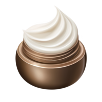 Luxurious, open jar of cream with smooth, white swirl, housed in elegant, metallic bronze container, suggesting skincare or cosmetic use png
