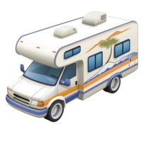 White recreational vehicle with colorful stripes and palm tree design is depicted, showcasing sense of adventure and travel. RV features large windows and rooftop vents png
