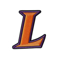 Image features embroidered letter L vibrant orange with purple outline, showcasing textured and colorful design. letter appears bold and stylized, suitable for decorative purposes.Orange png