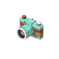 Vintage style camera illustration with teal and brown color scheme, featuring large lens and detailed design elements, evokes sense of nostalgia and creativity png