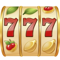 Slot machine display shows three reels with red sevens, cherries, lemons, and leaves, symbolizing winning combination. design is colorful and vibrant, evoking excitement and luck png