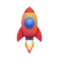 Colorful cartoon rocket with blue window and red fins is launching with bright flame, symbolizing innovation and exploration png