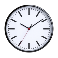 Round wall clock with white face and black hour and minute hands, featuring red second hand, displays minimalist design. clock is set against plain background png