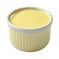 Small white ceramic ramekin filled with smooth, creamy custard, showcasing glossy surface. custard pale yellow color contrasts with white dish, creating inviting appearance png