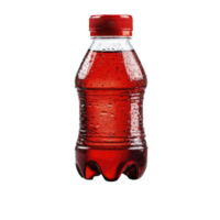 Small plastic bottle filled with red liquid, featuring red cap and condensation on surface, isolated on transparency background png