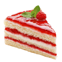 Slice of delicious raspberry cake with layers of sponge and cream, topped with glossy raspberry glaze and fresh mint leaves, evokes sense of indulgence png