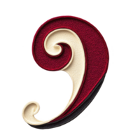 Decorative, embroidered red and cream swirl design with textured appearance, resembling stylized comma or musical note, set against transparent background png
