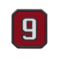 Red embroidered patch featuring bold white number nine with black border, symbolizing sports or team identification. design is simple yet striking, ideal for clothing or accessories png