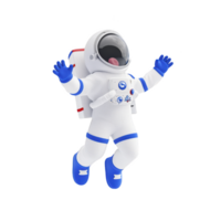 Cartoon astronaut in white spacesuit with blue accents joyfully floats in space, arms raised. helmet is reflective, and suit features various patches and backpack png