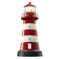 Red and white striped lighthouse stands tall with glowing light at top, symbolizing guidance and safety. structure is iconic and often found near coastlines png