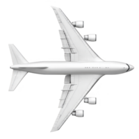 Aerial view of large white passenger airplane isolated on transparency background, showcasing its wings and engines. image highlights aircraft sleek design and modern engineering png