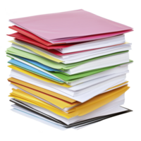 Stack of colorful folders and papers is neatly arranged, showcasing variety of vibrant colors including red, green, blue, yellow, and pink. image conveys organization and productivity png