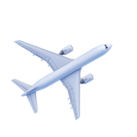 White commercial airplane is flying against clear sky, showcasing its sleek design and powerful engines. aircraft is captured from top down perspective, highlighting its wingspan and aerodynamic png