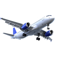 Commercial airplane with blue accents is flying in sky, showcasing its undercarriage and engines. aircraft is depicted in dynamic angle, emphasizing its speed and power png
