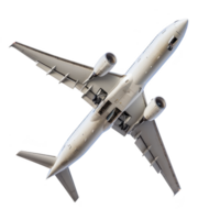 Commercial airplane is flying overhead against clear sky, showcasing its wings and engines. aircraft is captured from below, highlighting its sleek design and powerful structure png