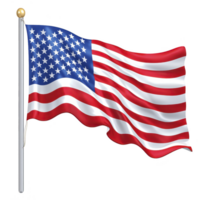 Image shows American flag waving on flagpole, featuring red and white stripes with blue field of white stars. flag symbolizes patriotism and national pride png