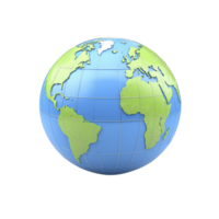 3D globe illustration showing continents and oceans in vibrant colors, highlighting Earth geography. globe is tilted, providing clear view of Western Hemisphere and parts of Europe and Africa png