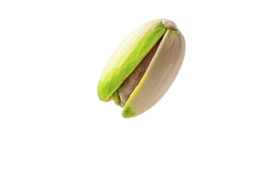 Single pistachio nut with its shell partially open, revealing green nut inside, isolated on transparency background. image highlights natural texture and color of pistachio png