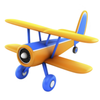 Colorful, cartoon style biplane with bright orange and blue colors, featuring propeller and two wings, evokes playful and adventurous spirit png