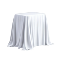 White cloth elegantly draped over rectangular table, creating soft folds and smooth surface. fabric cascades to floor, adding touch of sophistication and simplicity png