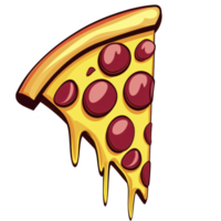 Slice of cartoon pizza with melting cheese and pepperoni toppings, creating delicious and fun appearance. vibrant colors and exaggerated features add playful touch png
