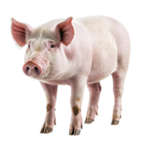 Pink pig stands on transparency background, showcasing its smooth skin and curious expression. pig ears are perked up, and its hooves are visible, adding to its charming appearance png