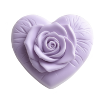 Heart shaped lavender soap with rose design, featuring intricate leaf patterns, evokes sense of elegance and tranquility. Ideal for gifting or decorative purposes png