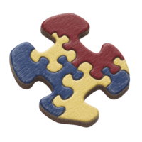 Colorful wooden puzzle piece with interlocking sections in red, blue, and yellow, symbolizing connection and creativity. texture is smooth, adding tactile element png