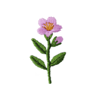 Delicate pink flower with green leaves is embroidered on transparency background, showcasing intricate stitching and vibrant colors. design is simple yet elegant, highlighting beauty of nature png