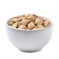 White bowl filled with crunchy, brown cereal pieces shaped like pillows, perfect for nutritious breakfast or snack. simple presentation highlights texture and shape of cereal png