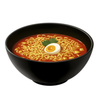Steaming bowl of spicy ramen with noodles, topped with halved boiled egg and garnished with fresh herbs, served in sleek black bowl png