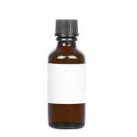 Small amber glass bottle with black screw cap and blank white label, suitable for storing essential oils or other liquids. minimalist design is ideal for branding png