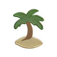 This features embroidered patch of palm tree on small sandy island, with green leaves and brown trunk, set against plain background. design is simple and tropical png