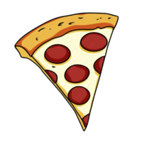 Cartoon slice of pepperoni pizza with golden crust and melted cheese, featuring round pepperoni slices. illustration is simple and colorful, evoking sense of fun and appetite png