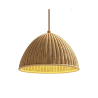 Woven rattan pendant light with dome shape hangs elegantly, casting warm glow. natural texture and neutral color make it ideal for cozy, rustic, or bohemian interiors png