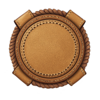 Round, textured leather badge with intricate stitching and rope border, exuding rustic and vintage charm. design is detailed and elegant, suitable for various decorative purposes png