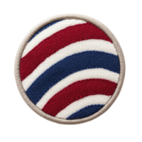 Round embroidered patch features design of red, white, and blue stripes, reminiscent of flag. patch has beige border, giving it classic and patriotic appearance png