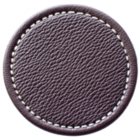 Round, textured brown leather coaster with white stitching around edge, providing classic and elegant look. Ideal for protecting surfaces from drink stains png