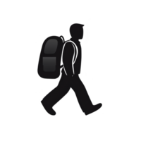Silhouette of person walking with backpack, symbolizing travel or adventure. simple black and white design conveys movement and exploration png